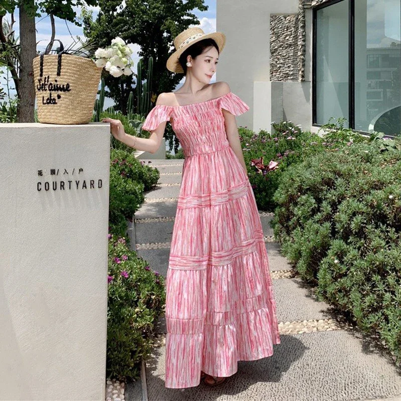 

2023 New Summer Women's Vacation Beach Dress Two Ways to Wear Long Dresses Bohemian Elegant Slash Neck French Manor Girl Style