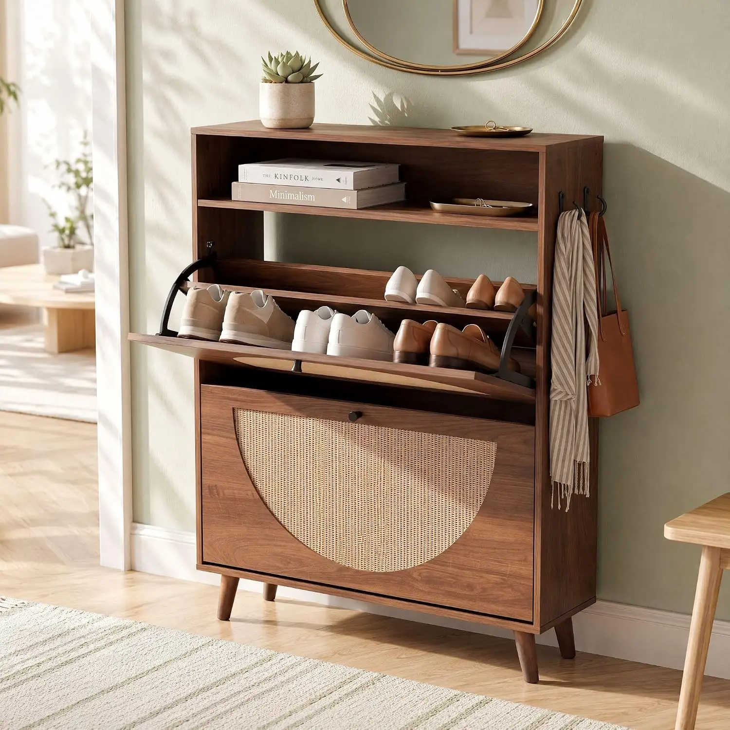 Seang Rattan Shoe Cabinet Storage for Entryway, 2 Flip Drawers, Walnut