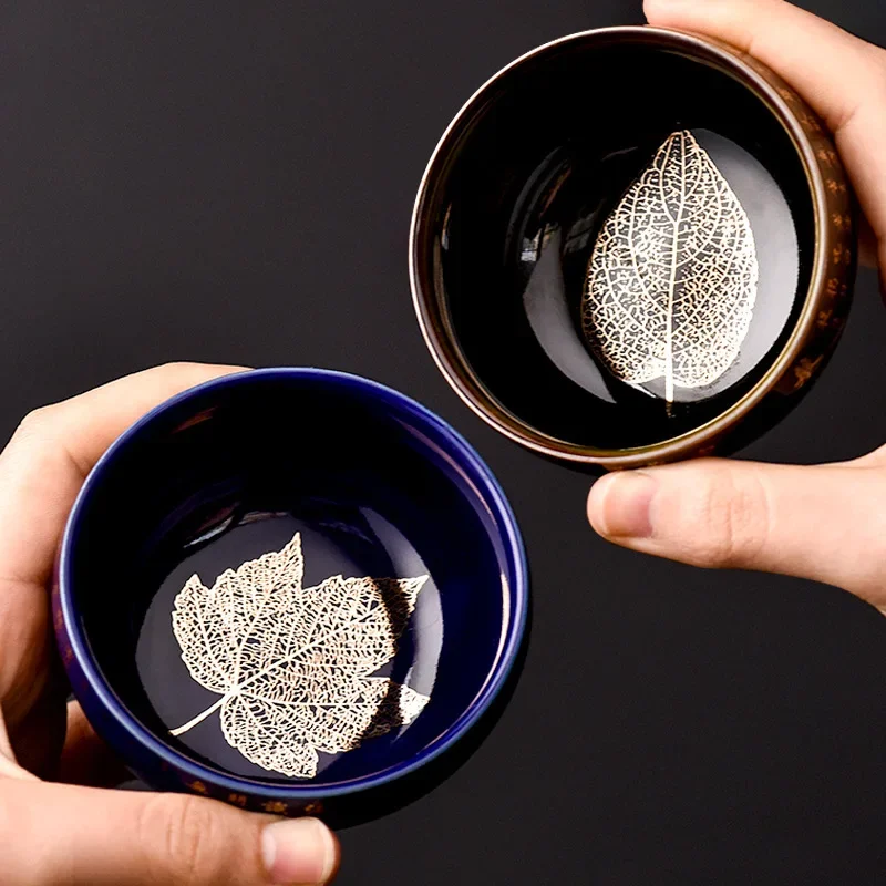 1PC Four Seasons Golden Leaf Heart Sutra Teacup Zen Ceramic Teacup Master Cup Home Creative Home Drinking Utensils