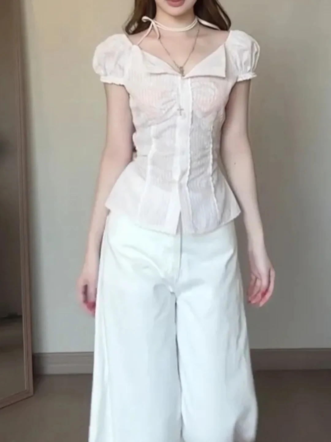 

Sweet Girl Style Lace Trim Bubble Sleeve Shirt Women's Special Waist Cinched Top Korean Version Slim Fit Polyester Fiber
