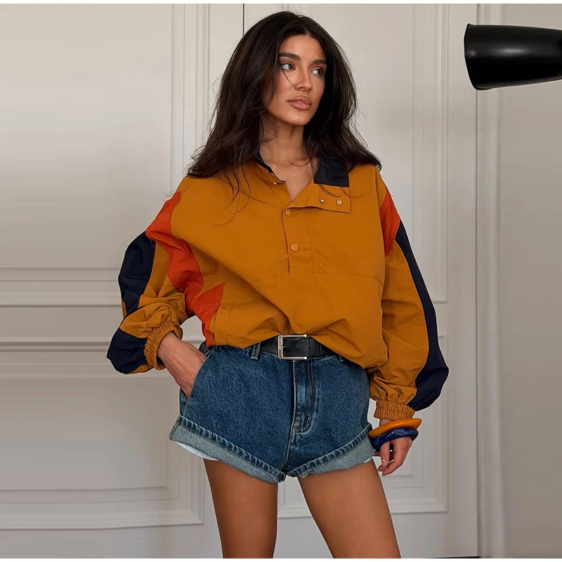 Elegant Contrast Jacket Women Loose Full Sleeve Stand Collar Button Jackets Female 2026 Fashion Autumn Outwear Lady