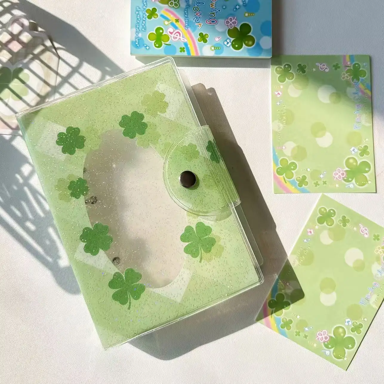 Girl's Heart Lucky Four-Leaf Clover A7 Sparkling Press-Button Spiral Notebook with 6 Holes and Single Strap PVC Cover