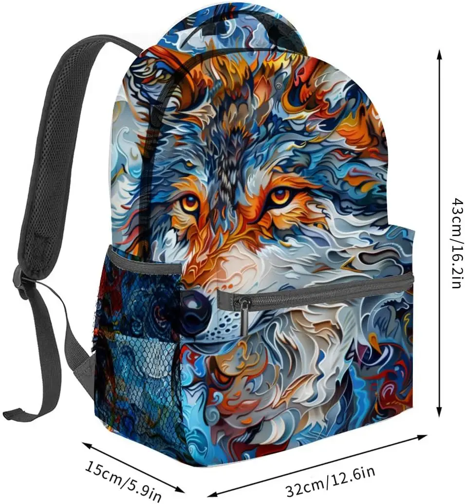Wolf Backpack Polyester Laptop Bag Colorful Abstract Fire and Ice Wildlife Backpacks Rucksack Gifts for Travel Hiking Camping