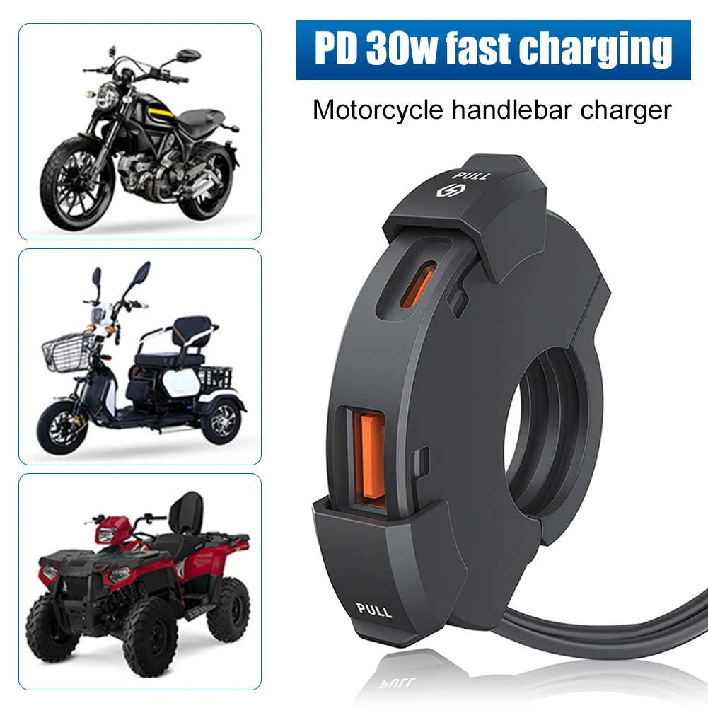 

QC3.0 PD Motorcycle USB Type c Charger 30W IP65 Waterproof Handlebar Mounting Bracket Charger For Moto Phone Charger 12V 24V