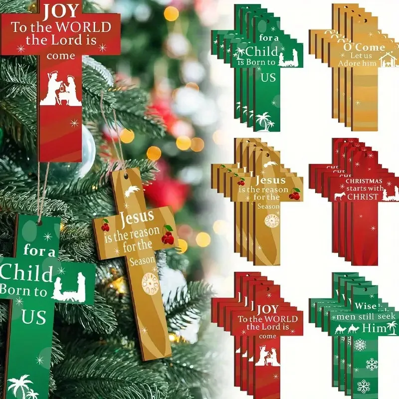 Christmas Supplies 24Pcs Wood Cross Birth Of Jesus Decoration Hanging Ornament Jesus Christmas Green Red Wooden Hanging Pendant