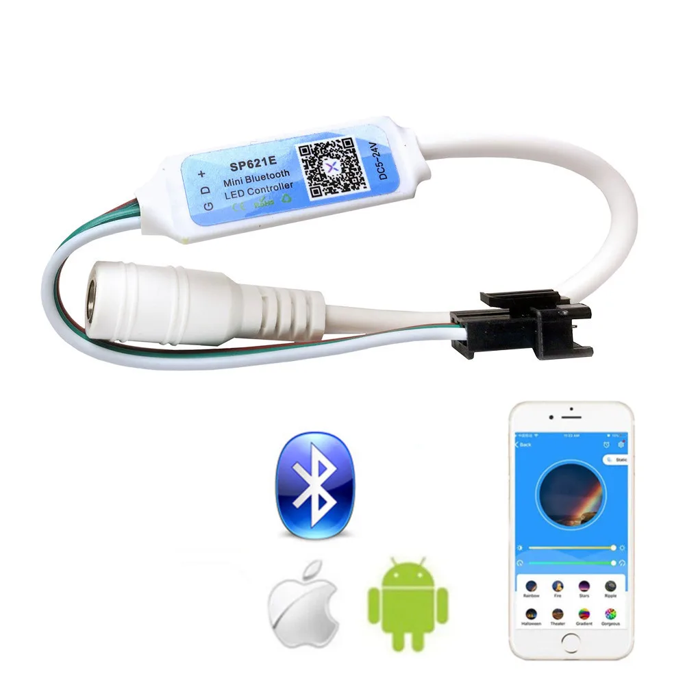 

SP621E Bluetooth Pixel Controller 5.5*2.1mm Power Male For WS2811 WS2812B WS2813 LED Strip DC5~24V Mini Bluetooth LED Controller