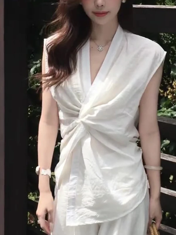 

Gtuq Chic White Svel irt Thin Design Summer Fashionable Women's Clothing Commute Sle V-ne Regular Fit Korean Version