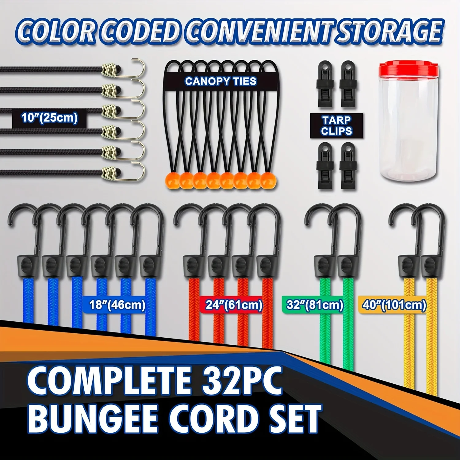 32 pcs Bungee Cords Assortment Jar Includes 10