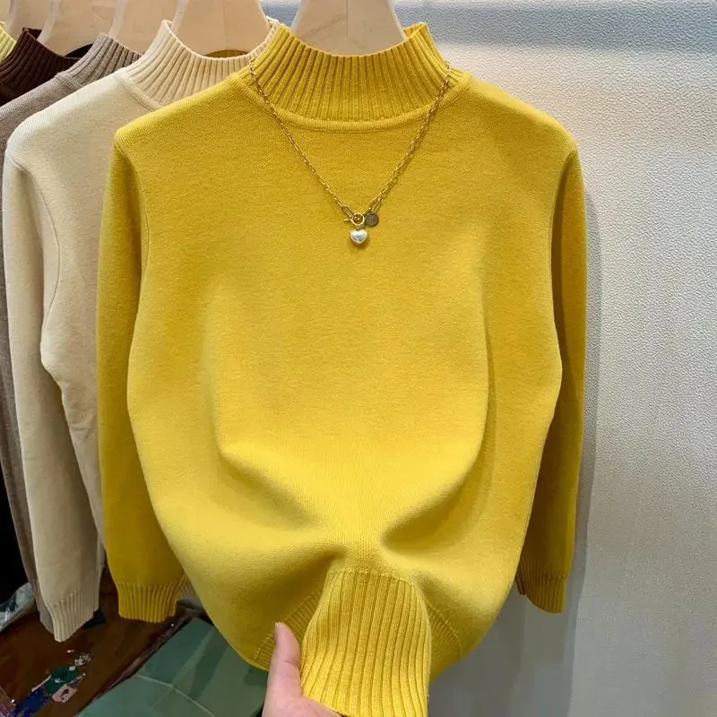 Candy Color Thick Warm Half High Collar Pullover Sweater Women New Autumn Winter Slim Long Sleeve Knitted Sweater All-match Tops