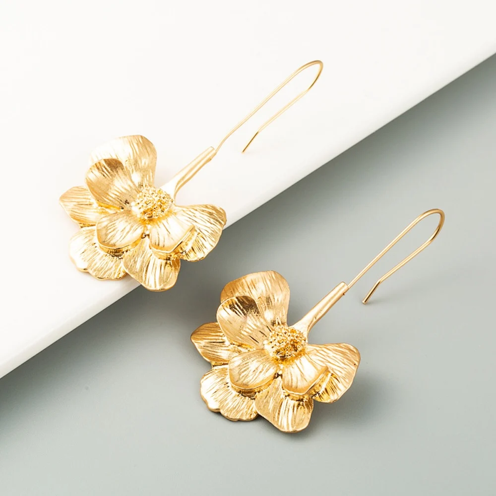 Gold Color Alloy Long Drop Earrings Simple Flower Earring For Women Fashion Jewelry Trendy Women\'s Earrings Accessories Gift