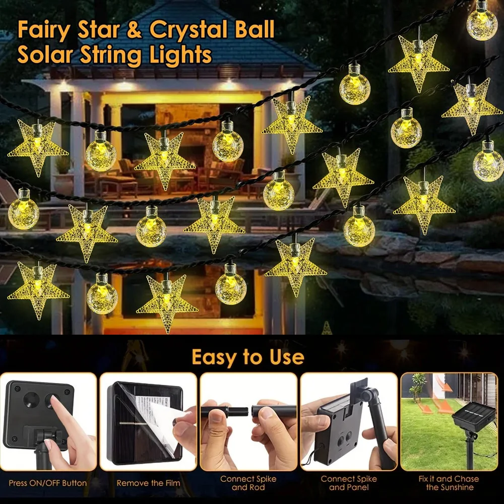 Solar LED String Lights Outdoor Camping Decor Crystal ball and stars String Lights 8 Modes Solar Lamp for Halloween Christmas