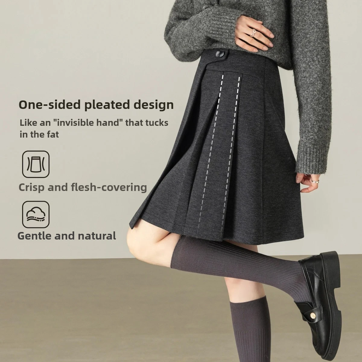 تنورة SENTUBILA بطيات للنساء لشتاء 2025 تنانير عالية الخصر على شكل حرف a من الصوف الدافئ القصير ملابس مكتب من الصوف 154QB4853