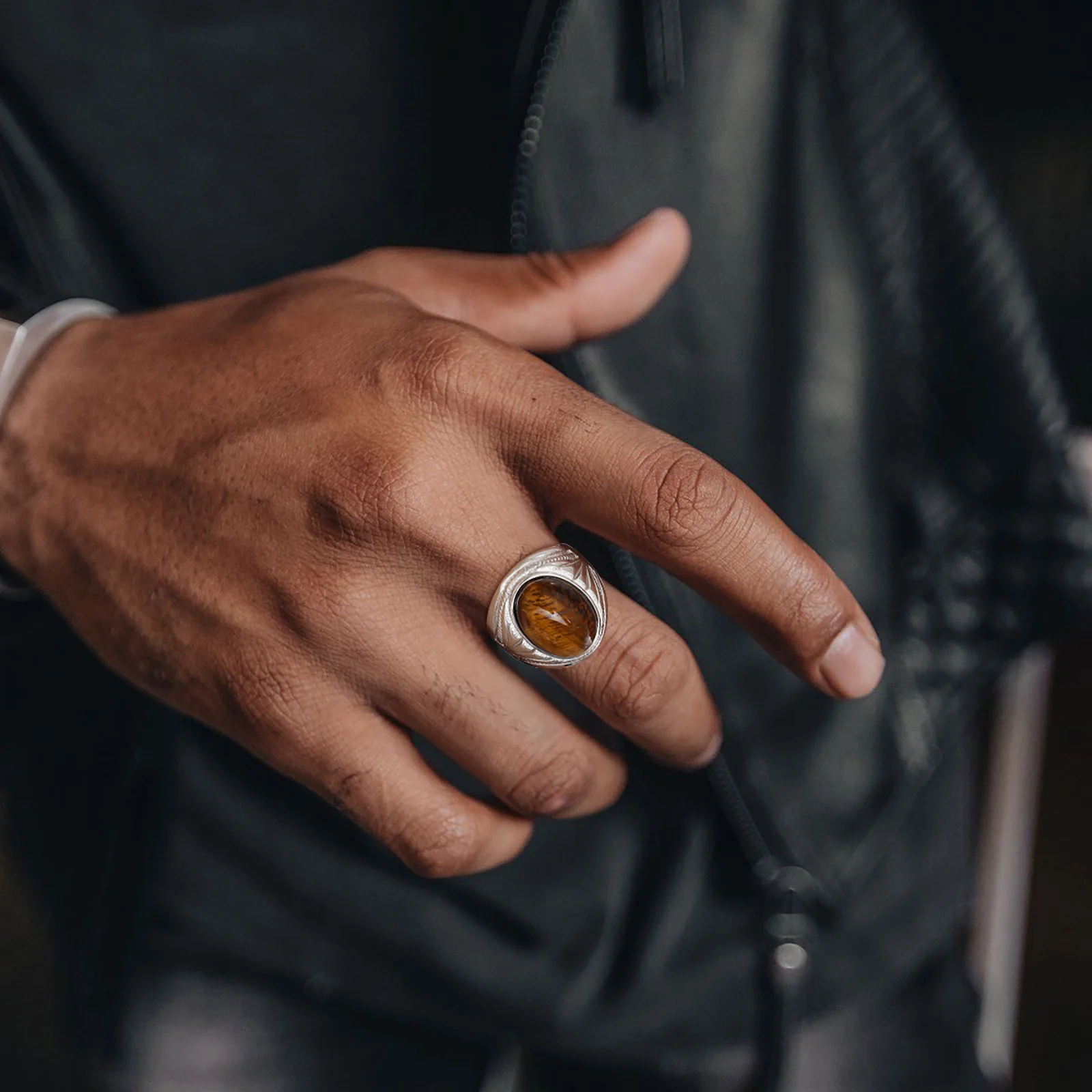 Brown Oval Rings for Men Boys,Natural Tiger Eye Stone Stainless Steel Ring,Punk Jewelry Gifts to Father Dad Husband Boyfriend