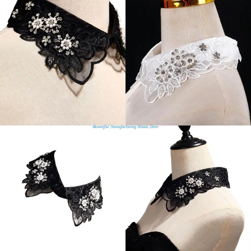 E56A Embroidery Floral Beaded Faux Collar Neckpiece for Women Detachable Lace Collar
