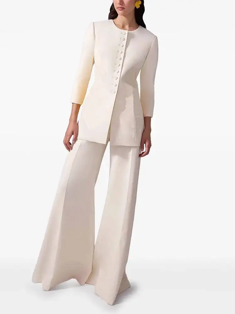 Fashion Three-Quarter Sleeve Blazer Women's Round Neck Slim Single Breasted Beige Suit Jacket Autumn New 7TQHE