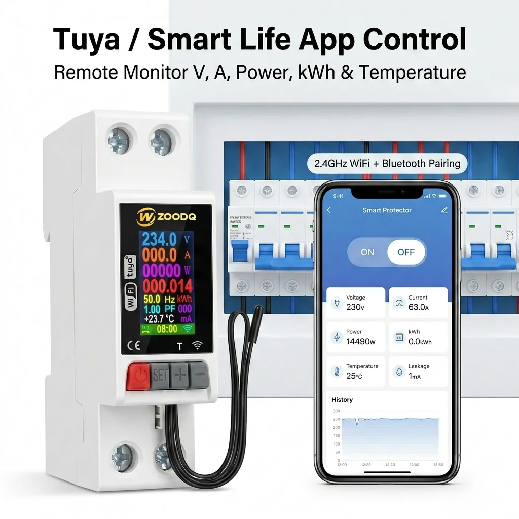WZOODQ 8-IN-1 WiFi Energy Meter AC80-300V/63A Single-phase 1P+N Din Rail Power Meter LCD Voltmeter Ammeter Voltage Current Meter