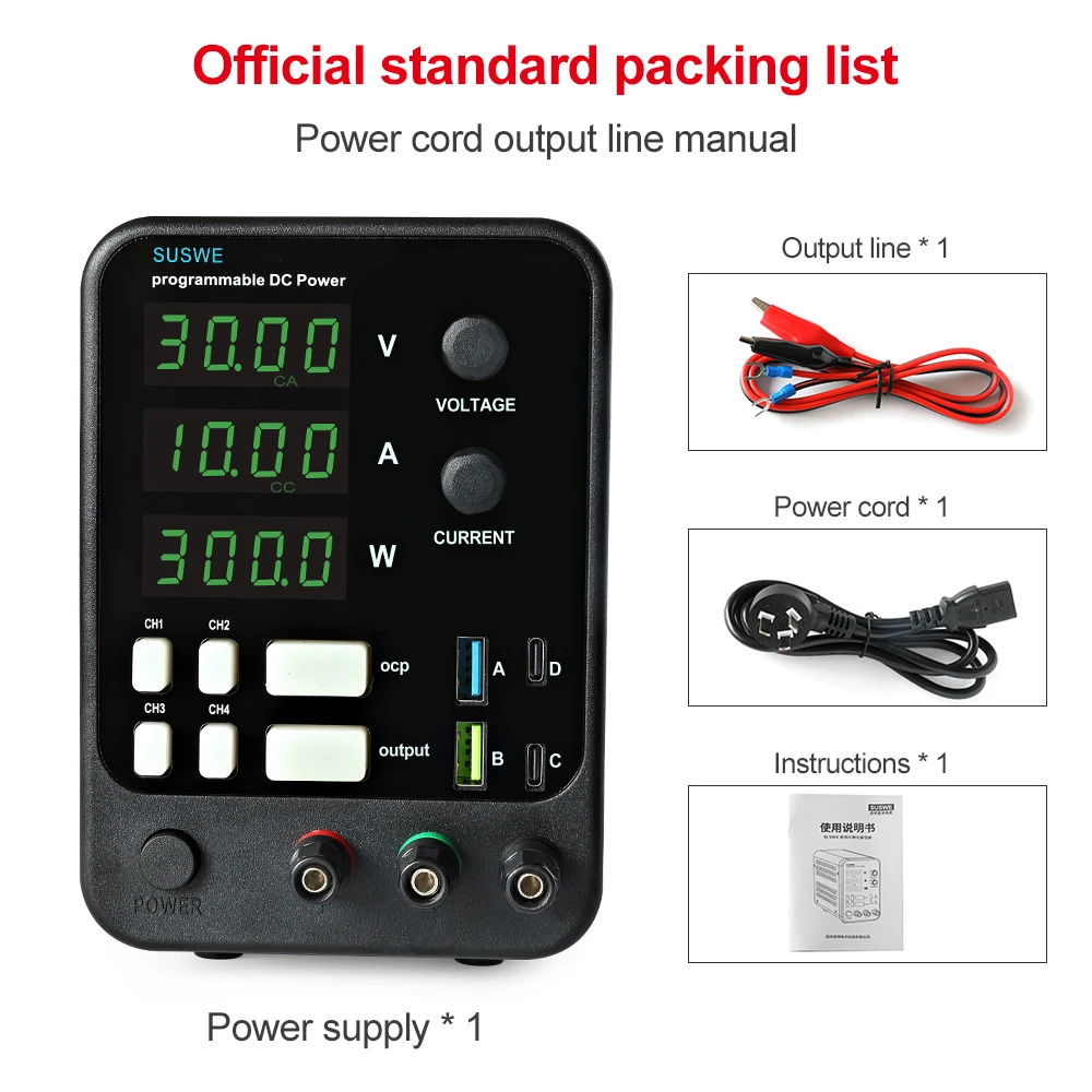 Regulowany zasilacz cyfrowy SUSWE DC 30V 10A Regulator zasilacza laboratoryjnego DC