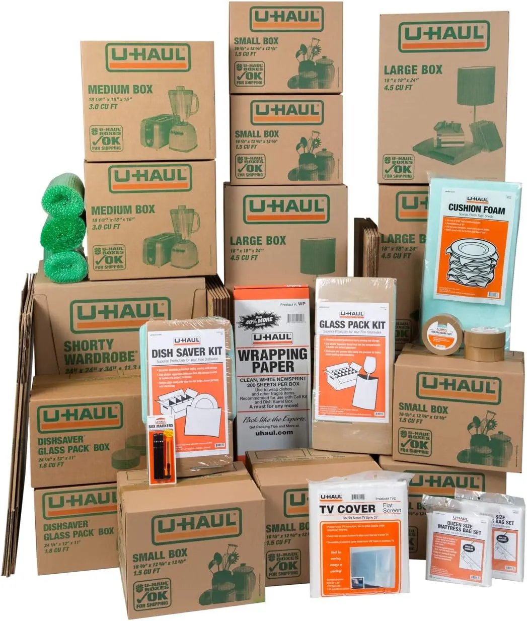 Household Moving Kit - 36 Moving Boxes, 2 Wardrobe Boxes, 2 Dish and Glass Packing Kits, 2 Mattress Bags, Tape,