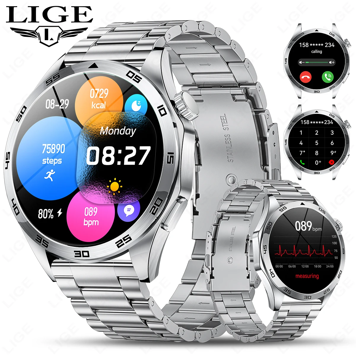 

2026 LIGE ECG Smart Watch HD Screen Bluetooth Call Music Voice Assistant Sports Watch Message Remind Fitness Man smart watches