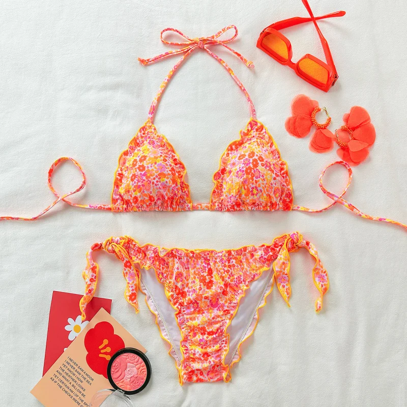 

New popular cute floral sexy hot girl three-piece tie-back bikini Two-piece hot spring swimsuit