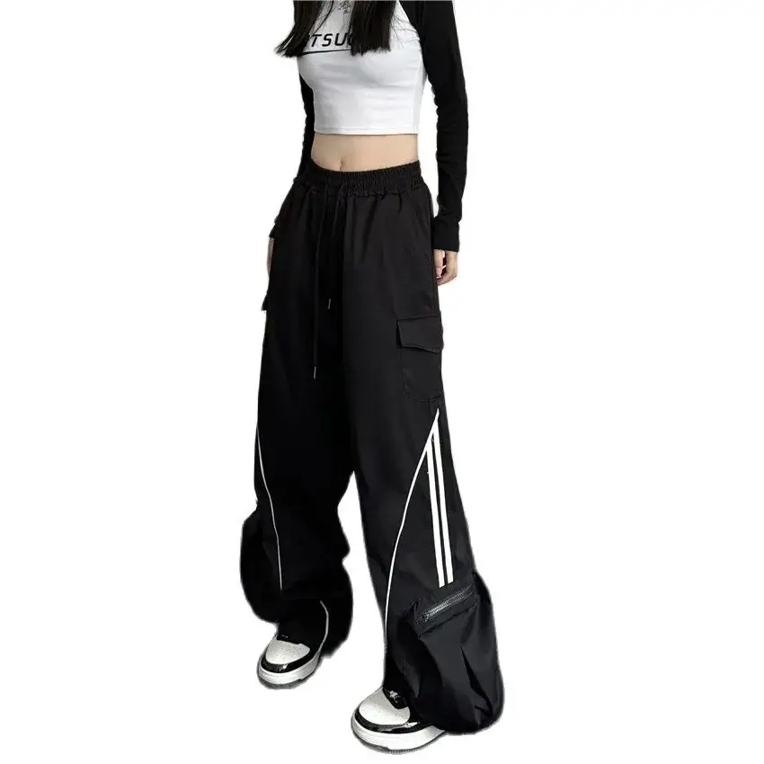 Women Black Gothic Cargo Pants Baggy Vintage Y2k Harajuku Oversize Sweatpants High Waist Wide Leg Trousers 2000s Trashy Clothes