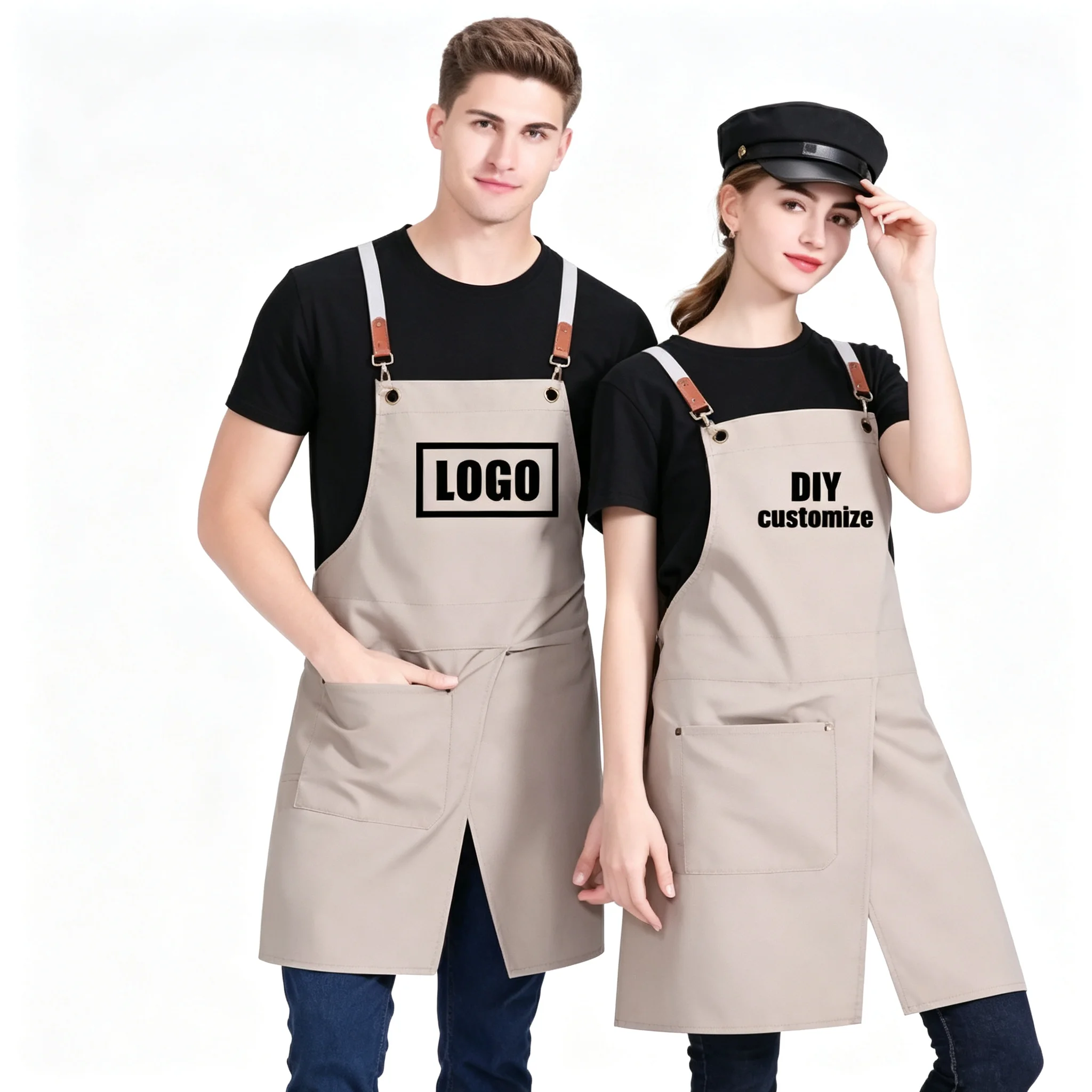 Custom EmbroideryLogoCanvas Waterproof Adult Work Apron With Pockets, Kitchen Baking Barber Uniform Personalized Signature Apron