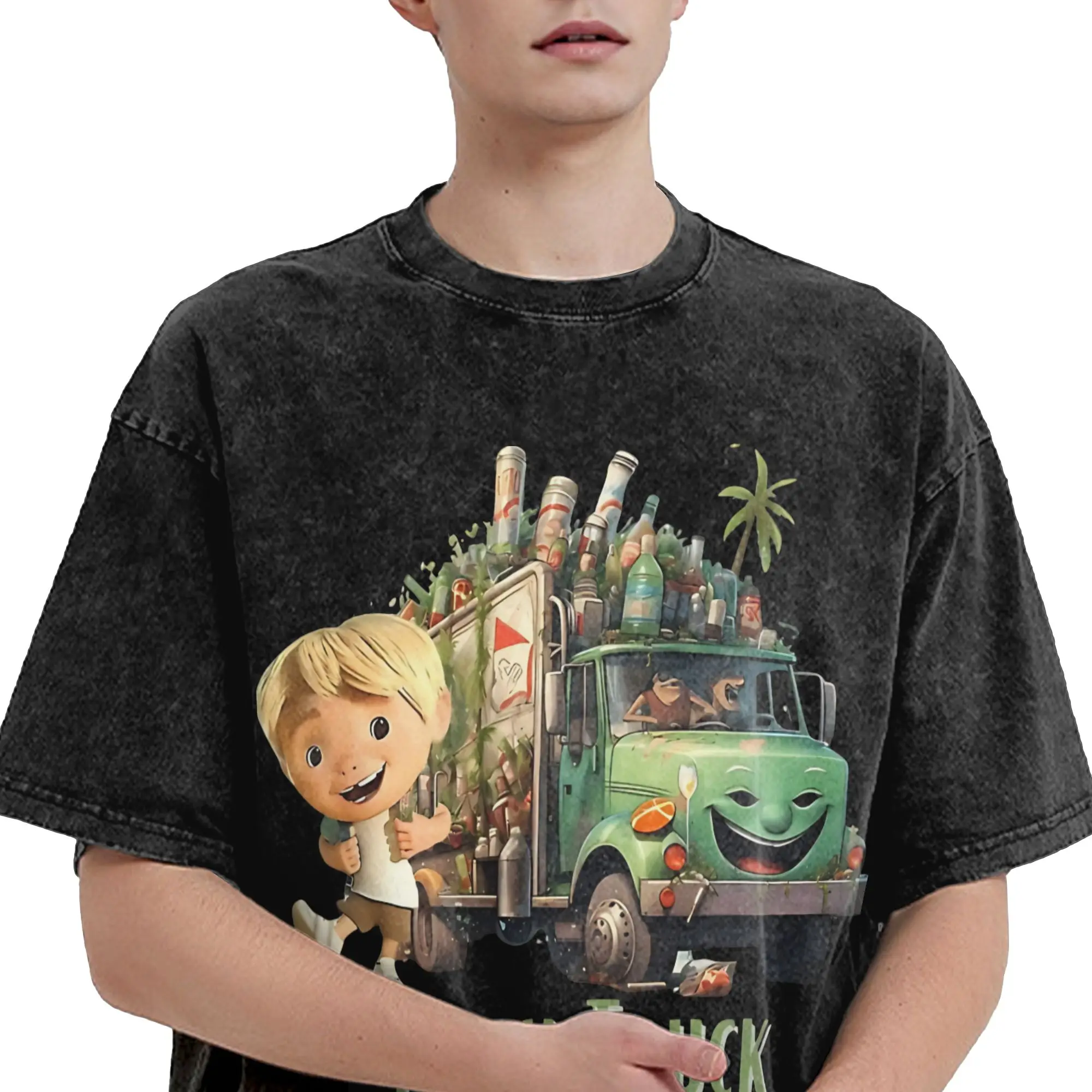 Trash Truck anime Washed T Shirt Streetwear Hip Hop Vintage T-Shirts  Tees Men Women Cotton Oversize
