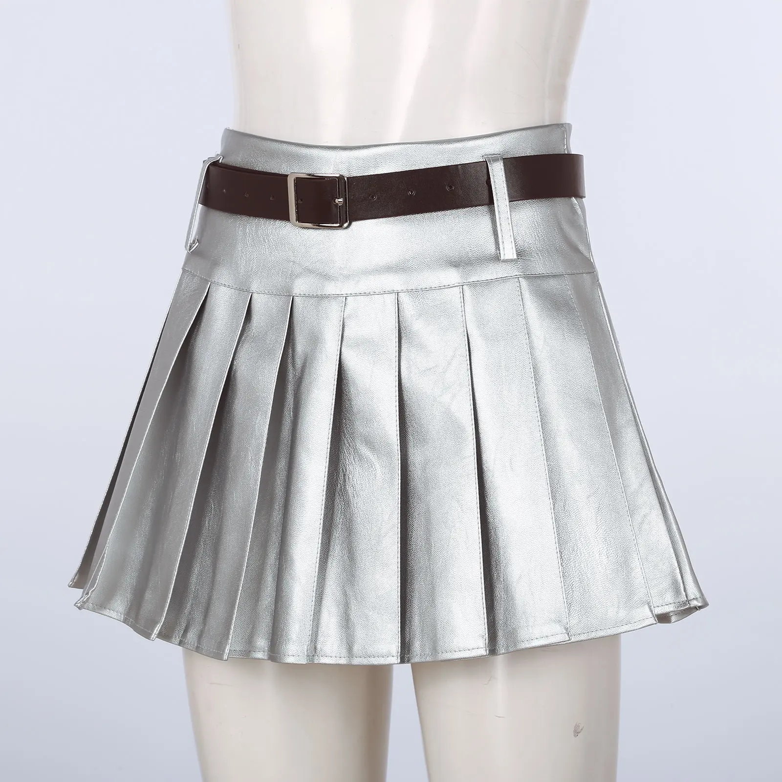 Womens Faux Lederen Plooirok Aan De Zijkant Onzichtbare Rits Met Hoge Taille Ingebouwde Korte Rokken Met Verstelbare Riem