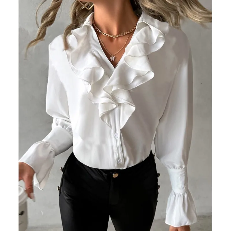 Autumn Winter New Women Solid Color Ruffled Patchwork Shirt For Womens Elegant Hollow Out Round Neck Slim Single Breasted Blouse