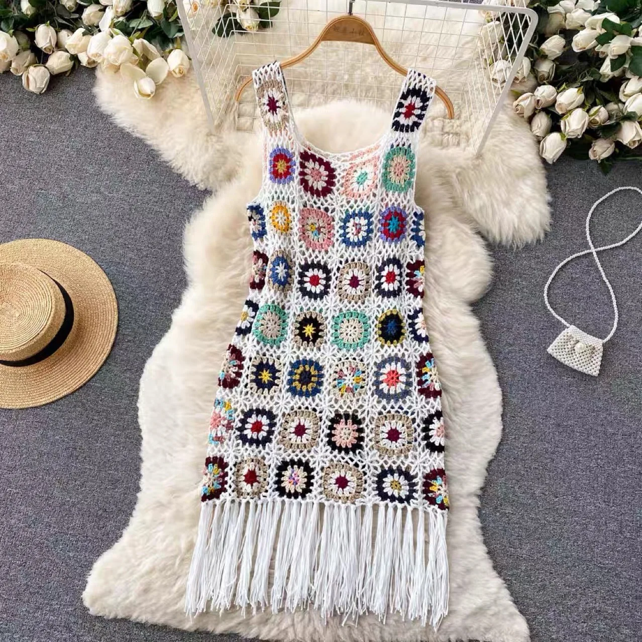 New Bohemian Hollowed-Out Fringe Vest Boho Dress Summer Women\'s Small Loose Knit Skirt