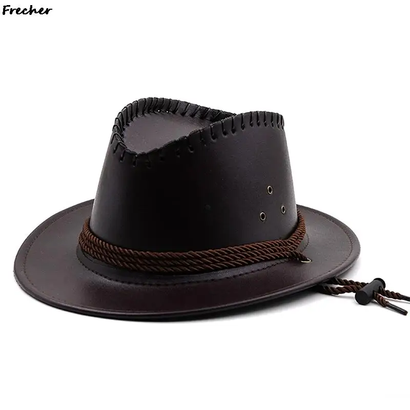 Western Knight Hats Men Gentleman Jazz Hat Leather Panama Cowboy Travel Chapeau Vintage Sombrero Grassland Sunshade Jeans Caps