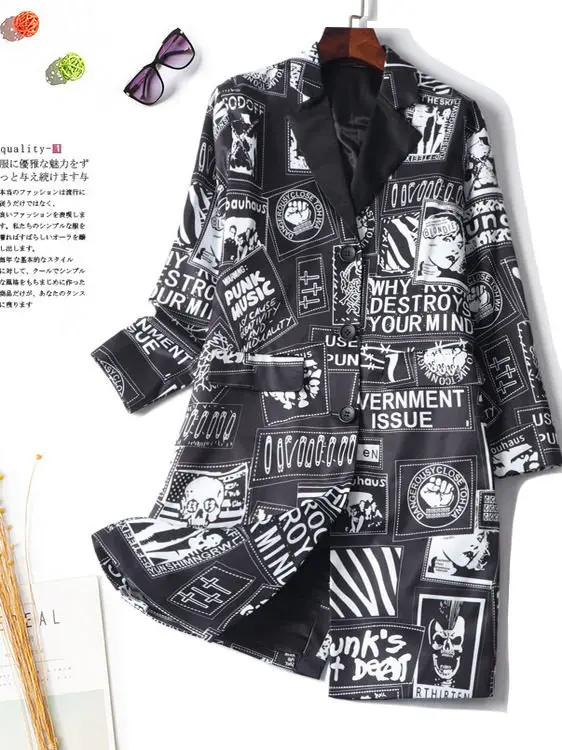 

New Letter pattern contrasting color medium long windbreaker Coats jacket