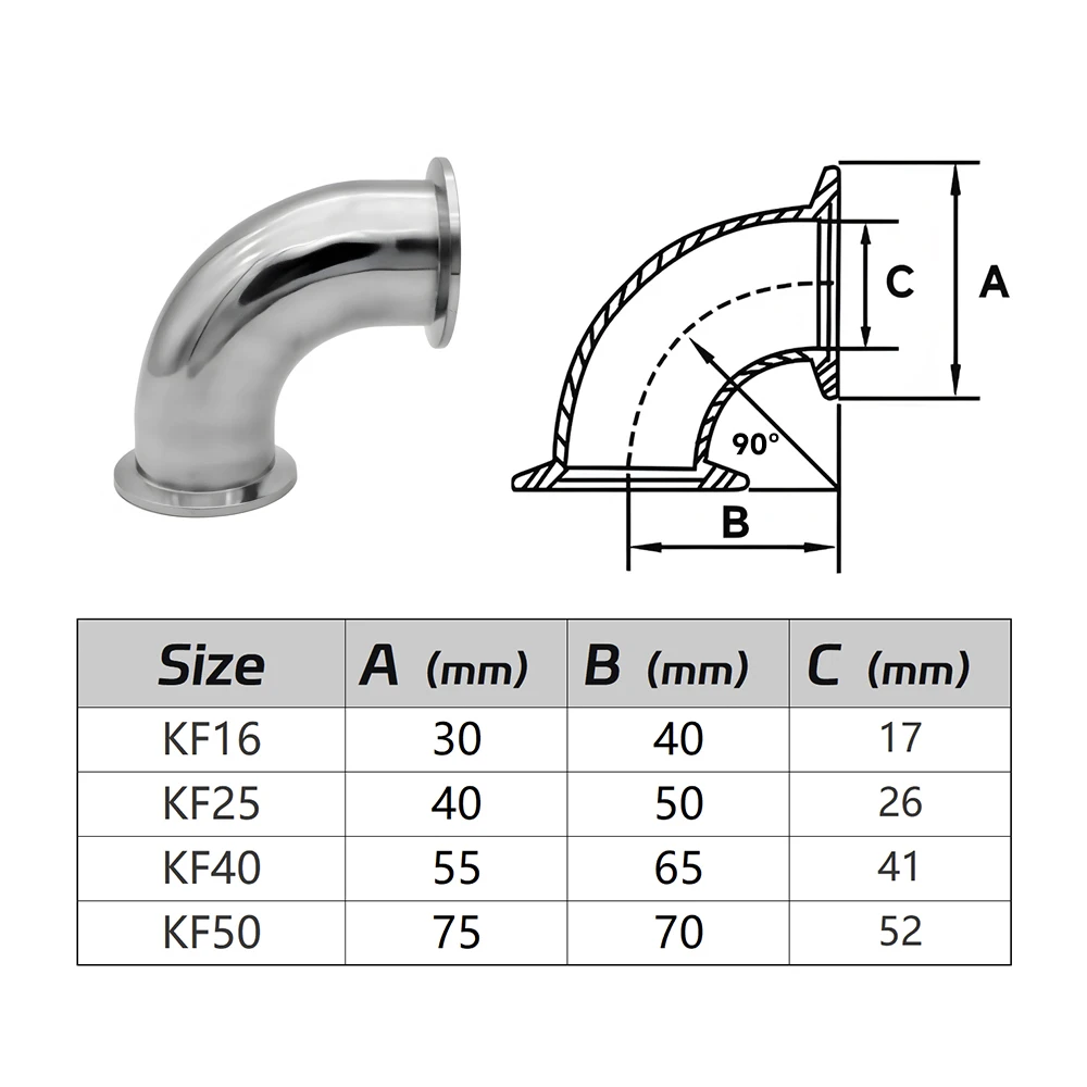 Sanitärvakuum-KF-Flanschverbindungen – 304-Stahl KF16/KF25/KF40/KF50 Winkel-/T-Stück-/Vierwege-Hochdruck-Klemm-Vakuumsystem – Detail 11
