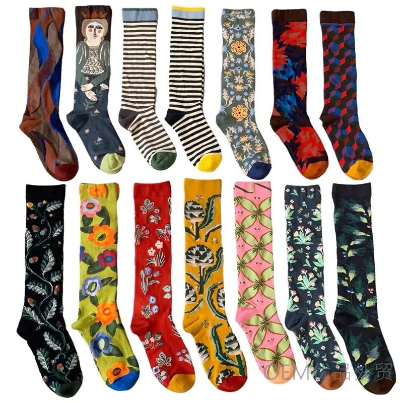 1 pair of women's long tube flower socks with colored stripes, oil painting, plant style design socks