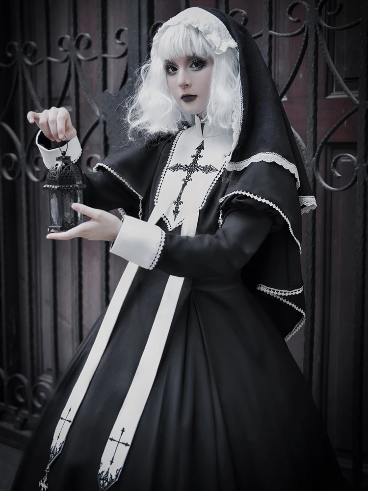 Original Lolita Halloween Nun Daily Gothic Dark Maid Dress Oplolita Dress Long Sleeved Cross Witch Costume