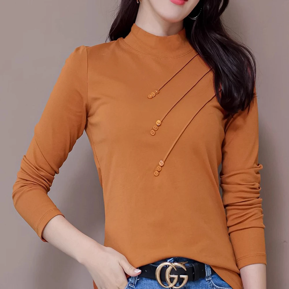 Korean version orange high neck long sleeved T-shirt for women's spring and autumn fashion plus size slim fit fishbone casual to