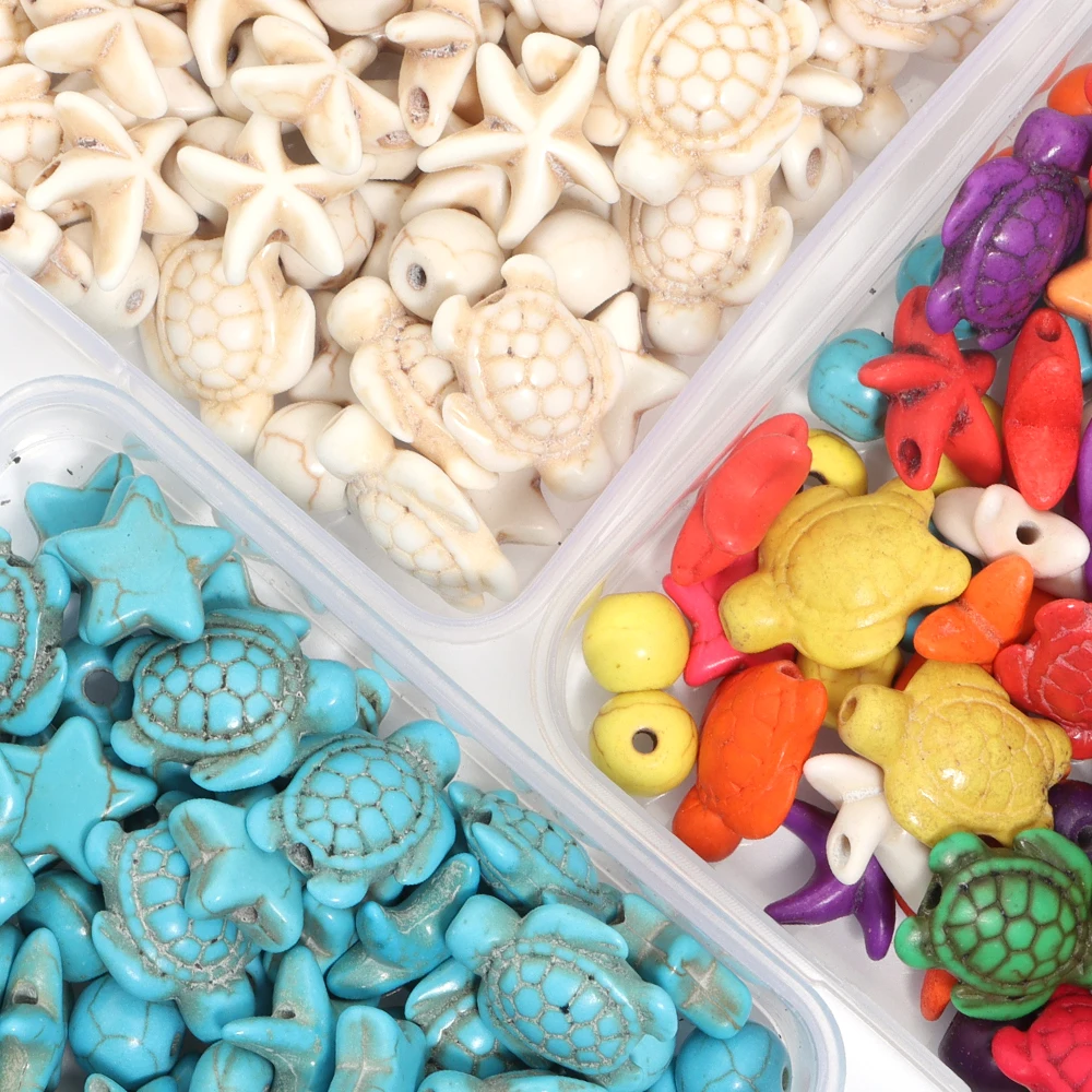 1 Box 100Pcs Turtle Starfish Beads White Blue Turquoise Charm Beads for Jewelry Making DIY Bracelets Accessories Bead Set