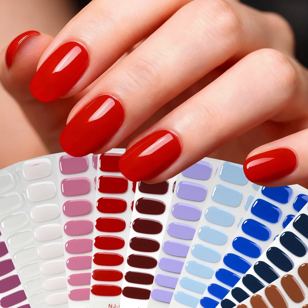 16tips Red Semi-Cured Nail Wraps Nail Strips Self-adhesive Simple Full Cover Stickers For Nails Need UV Lamp Press On Nails