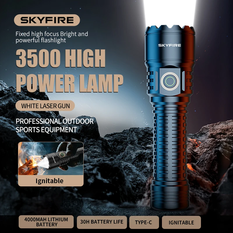 SKYFIRE Rechargeable Flashlight, 3500 Lumens Ultra Bright, 4000mAh 30H Runtime, Type-C Fast Charge, 6 Light Modes, TIR Lens EDC Torch for Camping, Hiking, BBQ, Emergency
