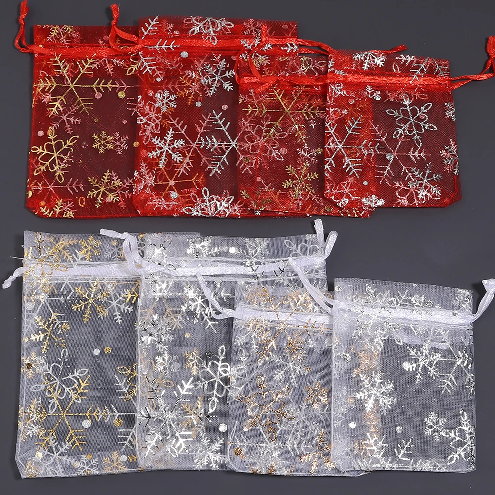 10/50 Stück Heißdruck-Organza-Geschenktaschen mit Schneeflocken-Motiv, Kordelzug-Schmuckbeutel für Hochzeit, Weihnachtsfeier, Süßigkeiten-Geschenkverpackungstaschen – Detail 2