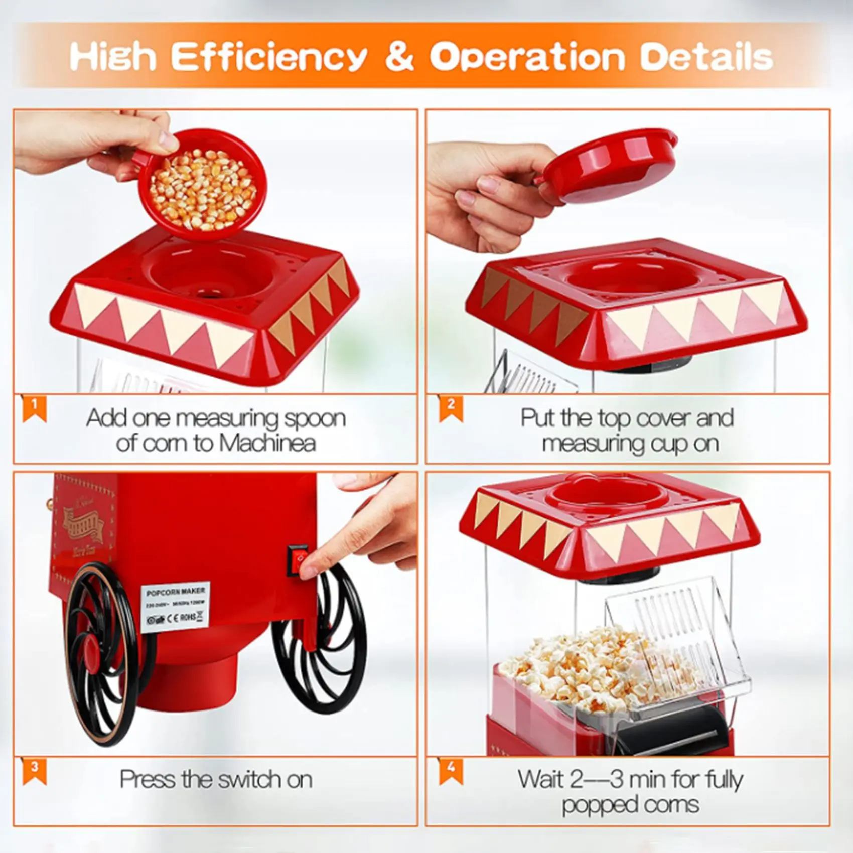 A69X-Popcorn Maker,Hot Air Popcorn Machine Vintage Tabletop Electric Popcorn Popper, Healthy And Quick Snack For Home EU Plug