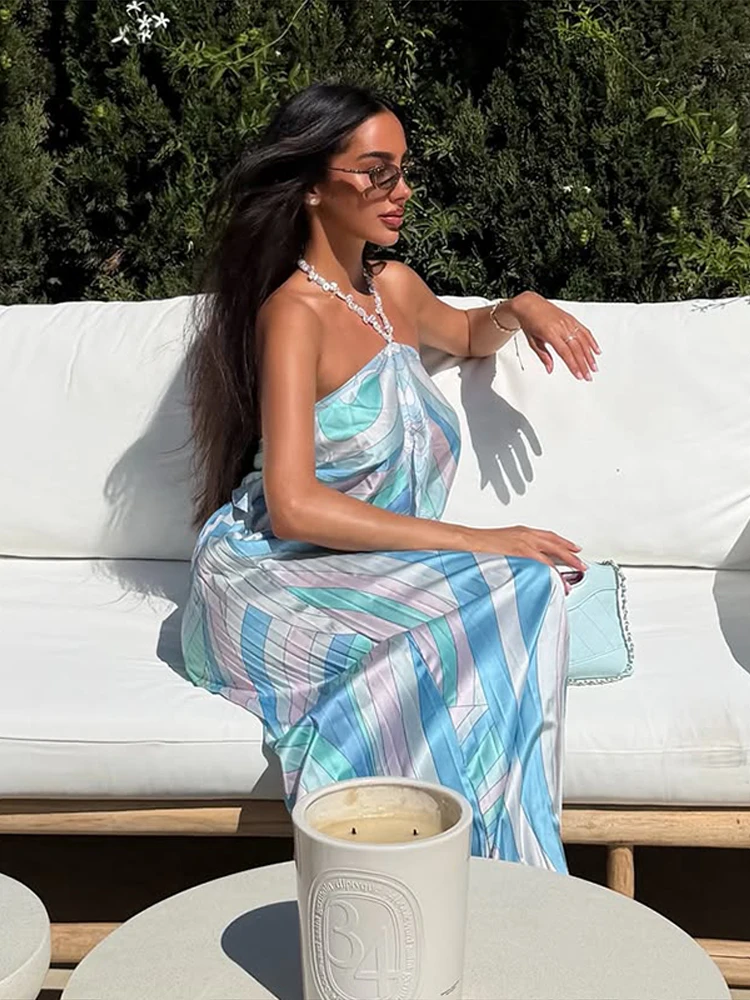 Bedruckte Neckholder-Crop-Tops und Weite Hosen Sets für Damen, Sexy Ärmellose Rückenfreie Oberteile, Plissierte Hosen, Schicke Strandmode, Neu – Detail 15