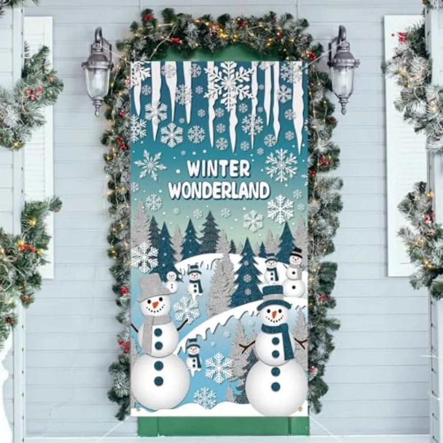 

Winter Door Cover Winter Wonderland Blue Welcome Banner Photography Background Backdrop for Office Front Porch Home Refrigerato