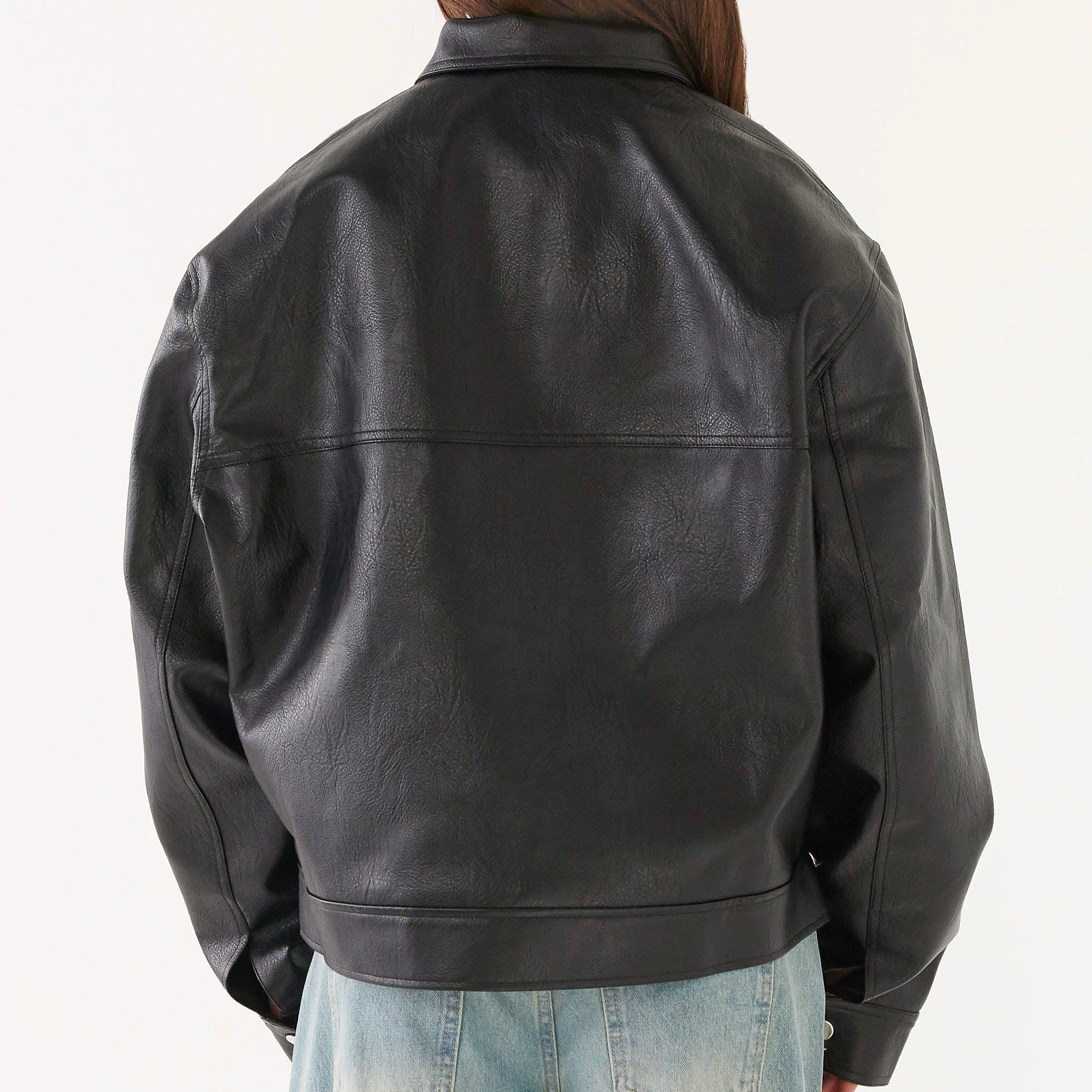 Giacca in pelle nera oversize con tasche grandi e giacca con cerniera Giacca leggera Giacca con cerniera Cappotti casual Giacca autunnale