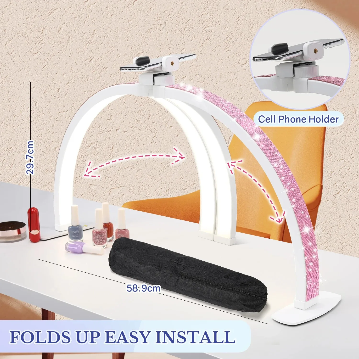 Half Moon Light 36W Nail Desk Lamp U Shaped 364 LEDs Fill Light with Phone Holder Foldable Table Lamp with Stepless Dimming