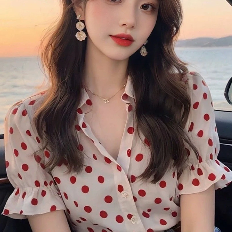 Polka Dot Shirts and Blouses Korea Turn Down Collar Fashion Woman Blouse 2024 Petal Sleeve Ruffles Ladies Top Female Clothes New