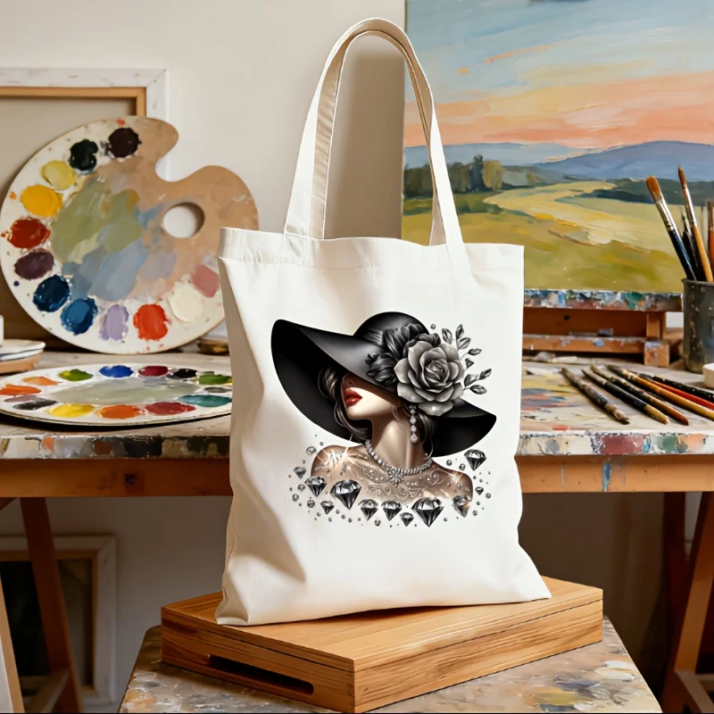 

Стильная винтажная черно-белая сумка-тоут с изображением элегантной женщины — многоразовая сумка для покупок, складная сумка через плечо, большая.