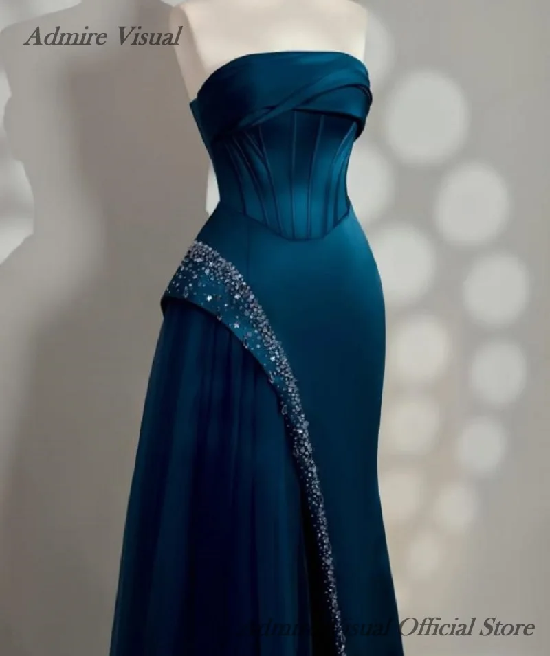 비주얼 롱 프롬 드레스, 머메이드 보트 스트랩리스 슬리브리스, 스플릿 디자인의 우아한 특별한 날 드레스
