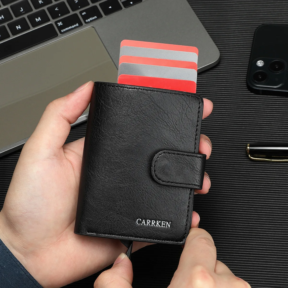Men's simple style automatic card-pushing aluminum box multi-functional thin short-style anti-magnetic snap-on card holder