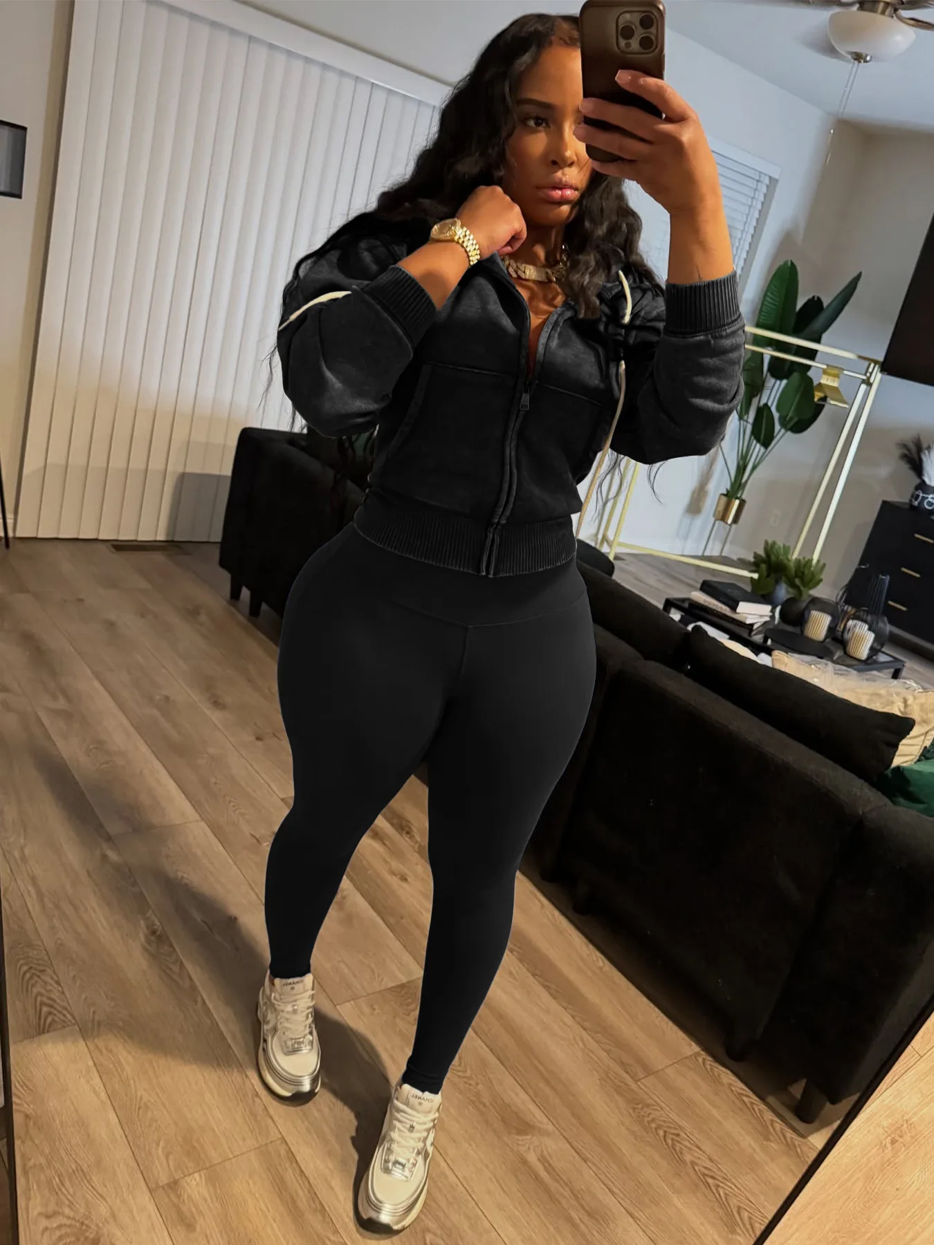 Kliou Casual Sportivo Set da 2 pezzi Donna Tendenza autunnale Giacca con cappuccio con coulisse stile lavato + Pantaloni da yoga solidi Tuta semplice quotidiana